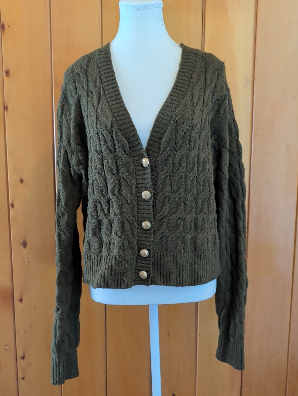 Olive Cable-Knit V-Neck Button-Front Cardigan